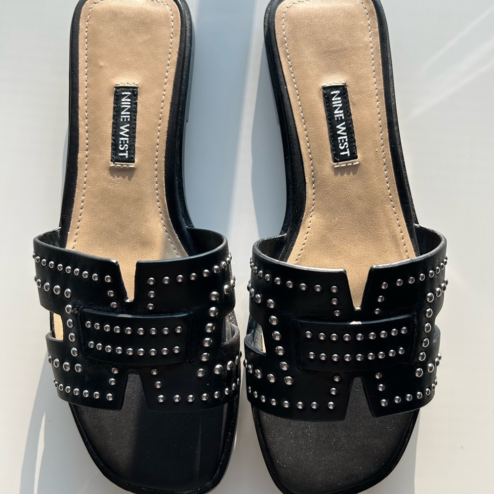 Nine West Black Studded Slide Sandals